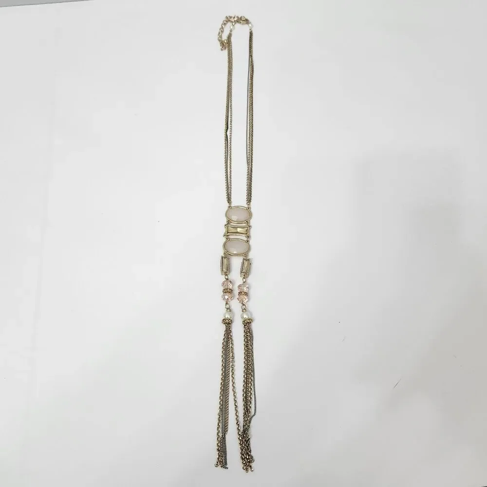 Chicos Necklace Gold Tone Chain Tassel White Acrylic Bead Faux Pearl Long